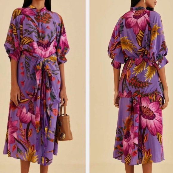 Farm Rio Floral Balloon Sleeve Midi Dress